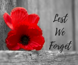 poppy with grey background and words lest we forget