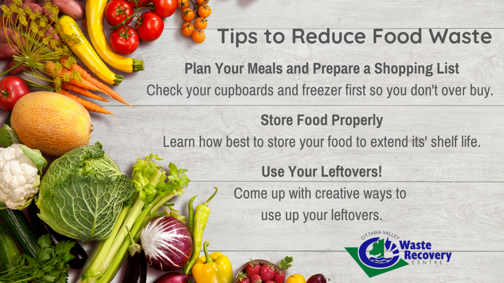 food in background with tips to reduce food waste. 