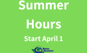 green background with text summer hours start April 1.