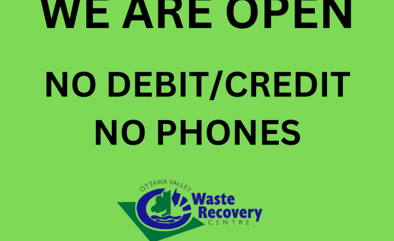 green background with text we are open. No Debit or Credit. No phones.